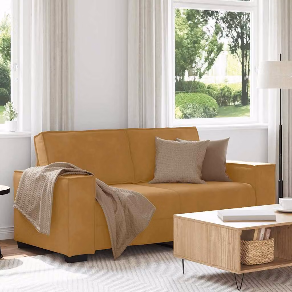 Divano a 2 posti vidaXL in velluto marrone e giallo con cuscini, design moderno per soggiorno o ufficio, L: 180 cm, P: 78 cm, H: 84 cm