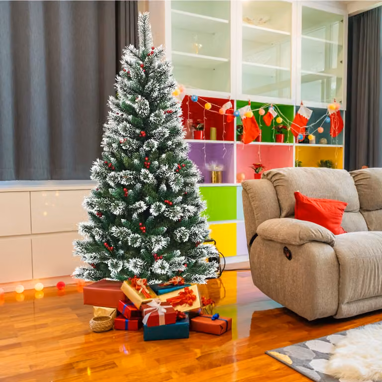 Albero di Natale Costway in plastica bianco e verde con bacche rosse, Altezza: 180 cm