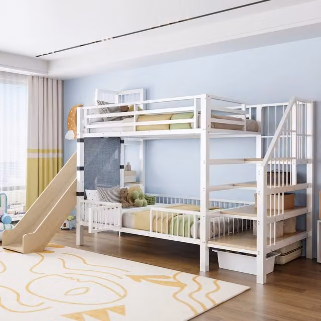 Letto a castello per bambini in metallo 90x200 cm con scivolo; scala contenitore e ripiani; bianco