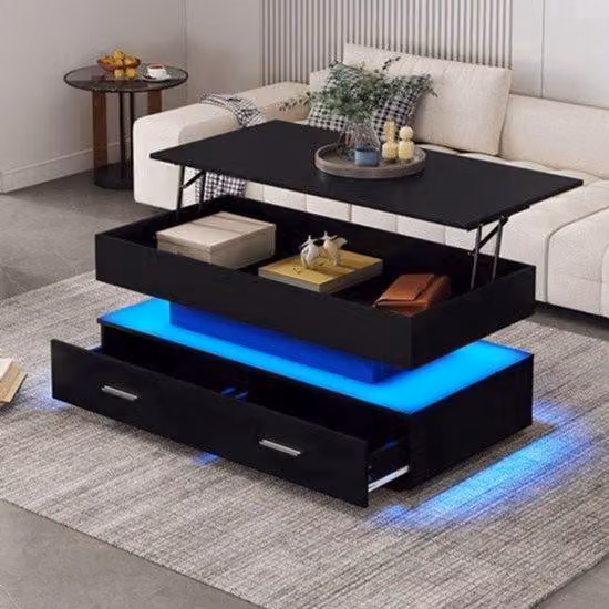 Tavolino da giardino e da soggiorno – Altezza regolabile – 2 prese di corrente e spazio aperto per riporre oggetti – Struttura in metallo nero – 100x50x44 cm – Design moderno