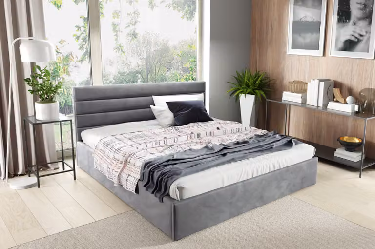 GUTTO Letto imbottito 90x200 Griglia a doghe in metallo Velluto grigio Velluto con vano contenitore Vano contenitore