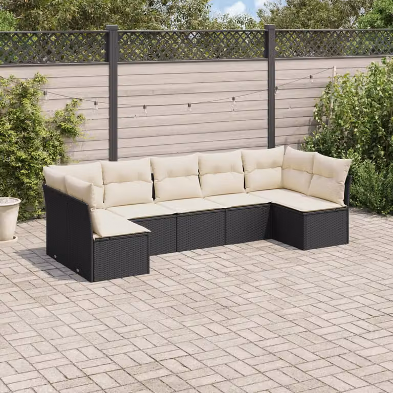 vidaXL Set Divano da Giardino a L con 7 Cuscini, Nero e Bianco, Design Moderno con Struttura in Metallo e Polyrattan
