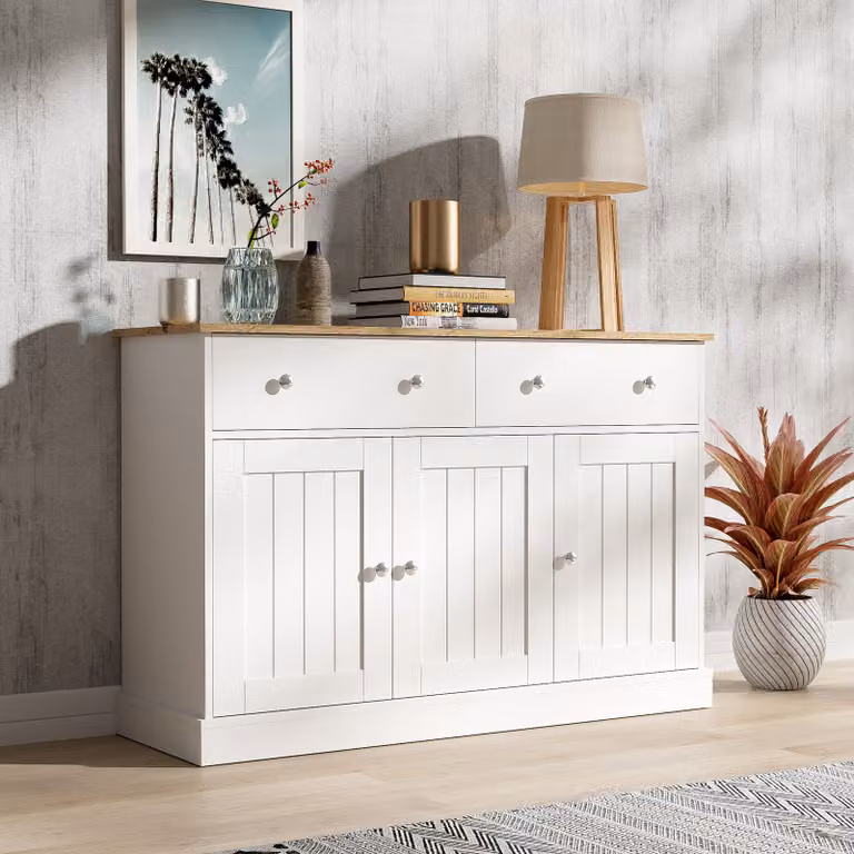 okwish Armadio da cucina con ampio spazio di stoccaggio, dotato di 2 cassetti e 3 ante, mobile contenitore per soggiorno, dimensioni 120 x 36 x 80,5 cm
