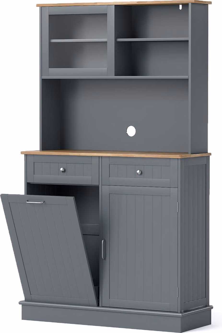 COSTWAY Armadio da cucina, per cestino da 45 L, mobile buffet con piano di lavoro, 2 cassetti e ripiani, mobile da cucina alto, cassettiera in legno, grigio
