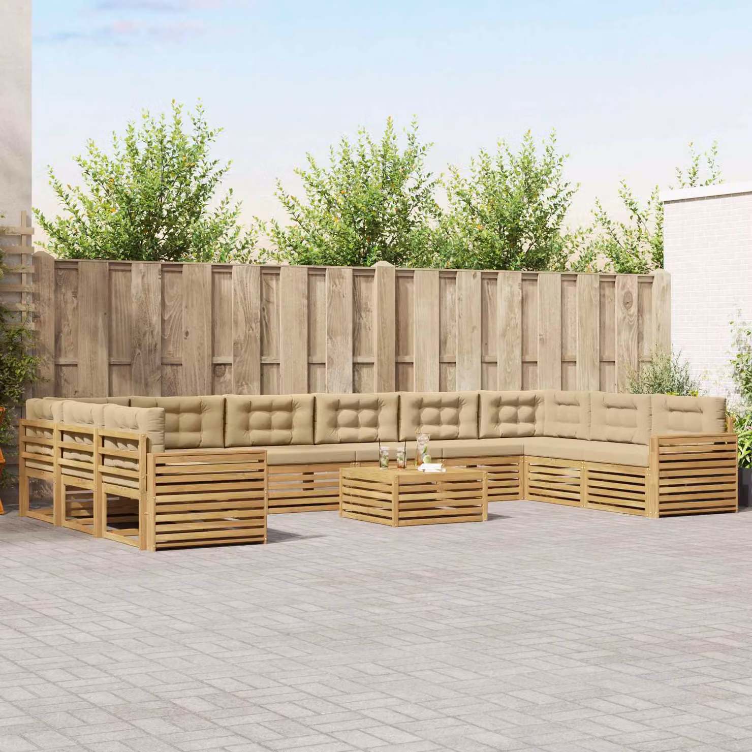 Set di divani da giardino vidaXL in legno di acacia con cuscini, colore marrone e beige, composizione a L con tavolo da esterno, 11 pezzi