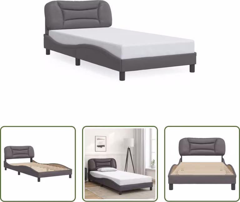 The Living Store Giroletto con testiera grigio 100x200 cm in ecopelle
