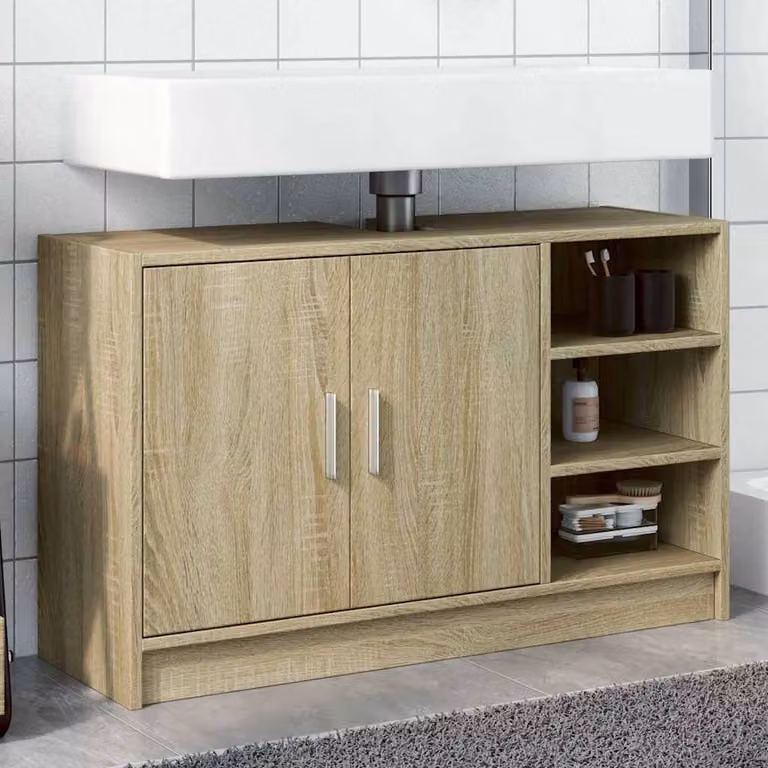 Mobile Lavabo vidaXL in Rovere Sonoma, Design Moderno con Ripiani e Ante, Colore Marrone, L: 90 cm, P: 29 cm, H: 55 cm