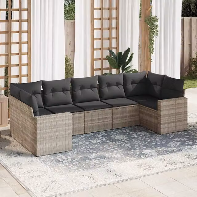 Set di divani da giardino VIDAXL in polyrattan con cuscini, design moderno a L, colore grigio chiaro, 7 pezzi – 1