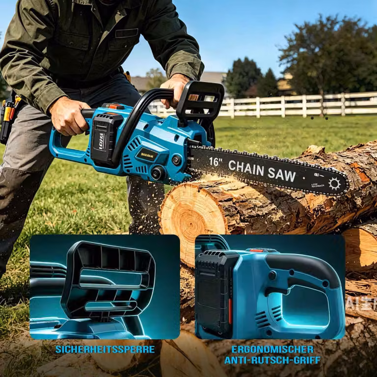 Troncatrice a batteria AIORBER, 2000W, motore brushless, lama da 16 pollici, con 2 batterie, velocità della catena 12,5 m/s, sistema di tensione della catena senza utensili, colore blu