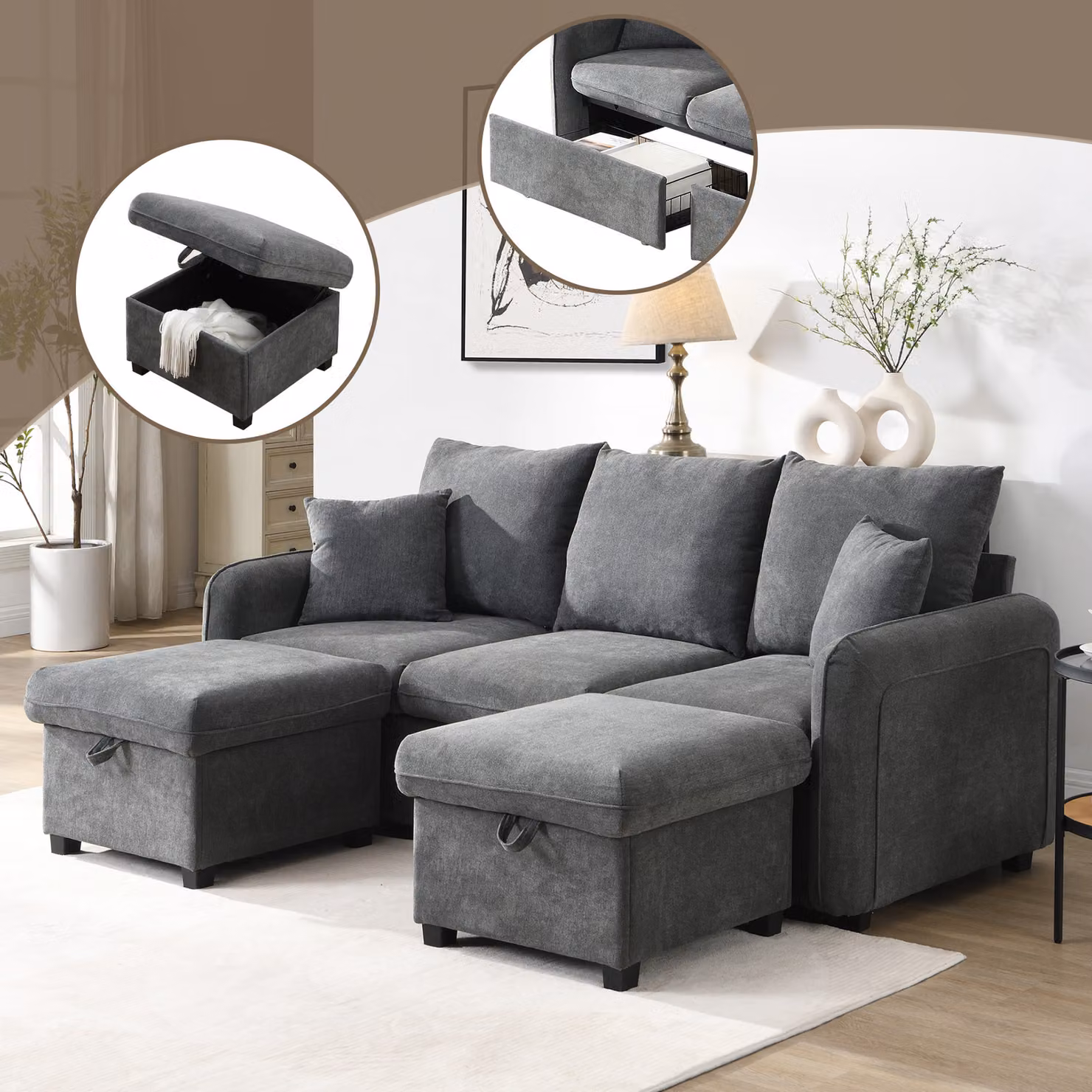 okwish Divano ad angolo con contenitore, divano imbottito a tre posti a forma di U con funzione letto, seduta rimovibile con cassetti + poggiapiedi con vano portaoggetti, grigio