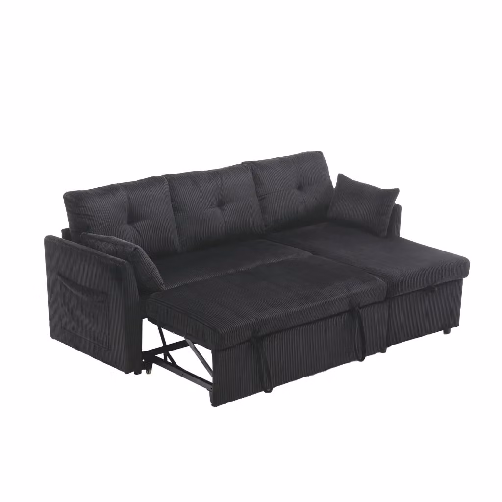 Divano letto modulare a L Chicfurn in velluto a coste nero con contenitore e seduta reversibile L 206 x P 80,5 x H 66 cm – 2