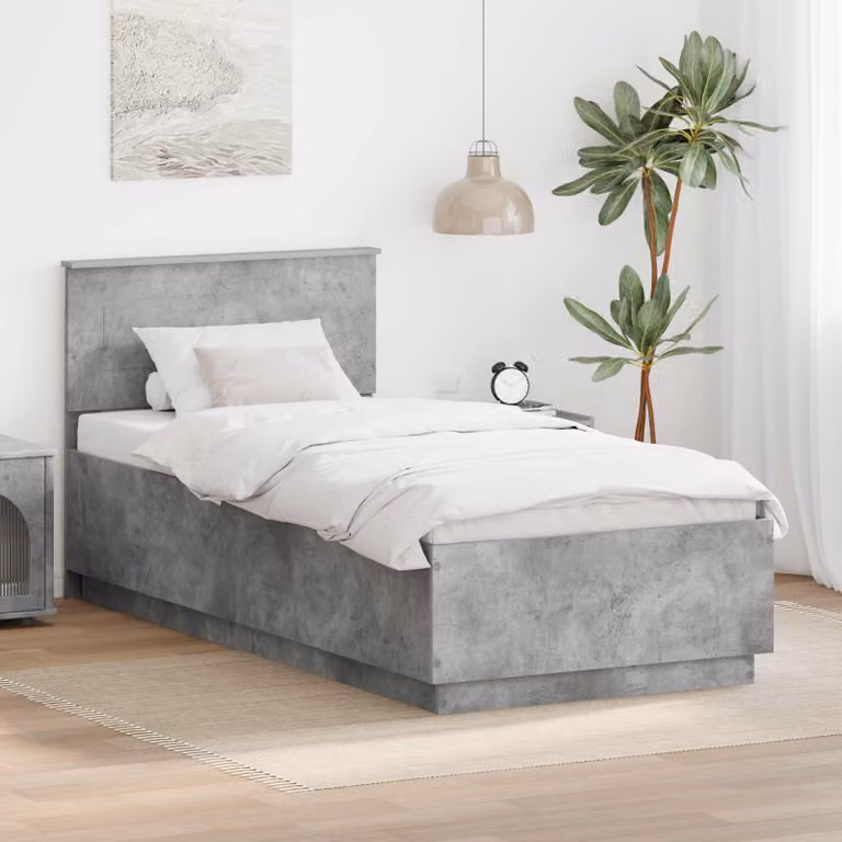 Struttura del letto con strisce LED e porte USB vidaXL in legno ingegnerizzato, Grigio cemento, L/P/H: 200 x 100 x 90 cm
