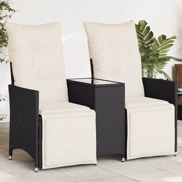 Divano Giardino Reclinabile 2Posti con Tavolino-Sofa da Giardino-Divanetto da esterno Nero Polyrattan 861873