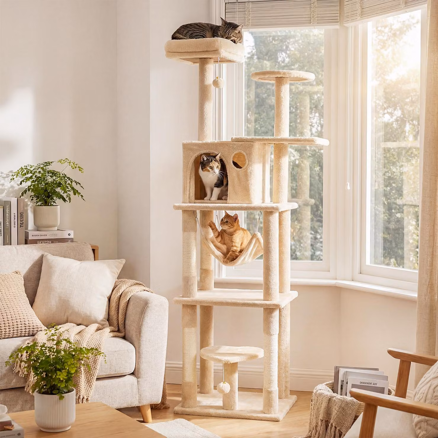 COSTWAY: Albero per gatti multistrato con pali in sisal, torre per gatti alta 168 cm con aree relax, amaca, rifugio per gatti e giocattoli appesi. Arredamento per gatti