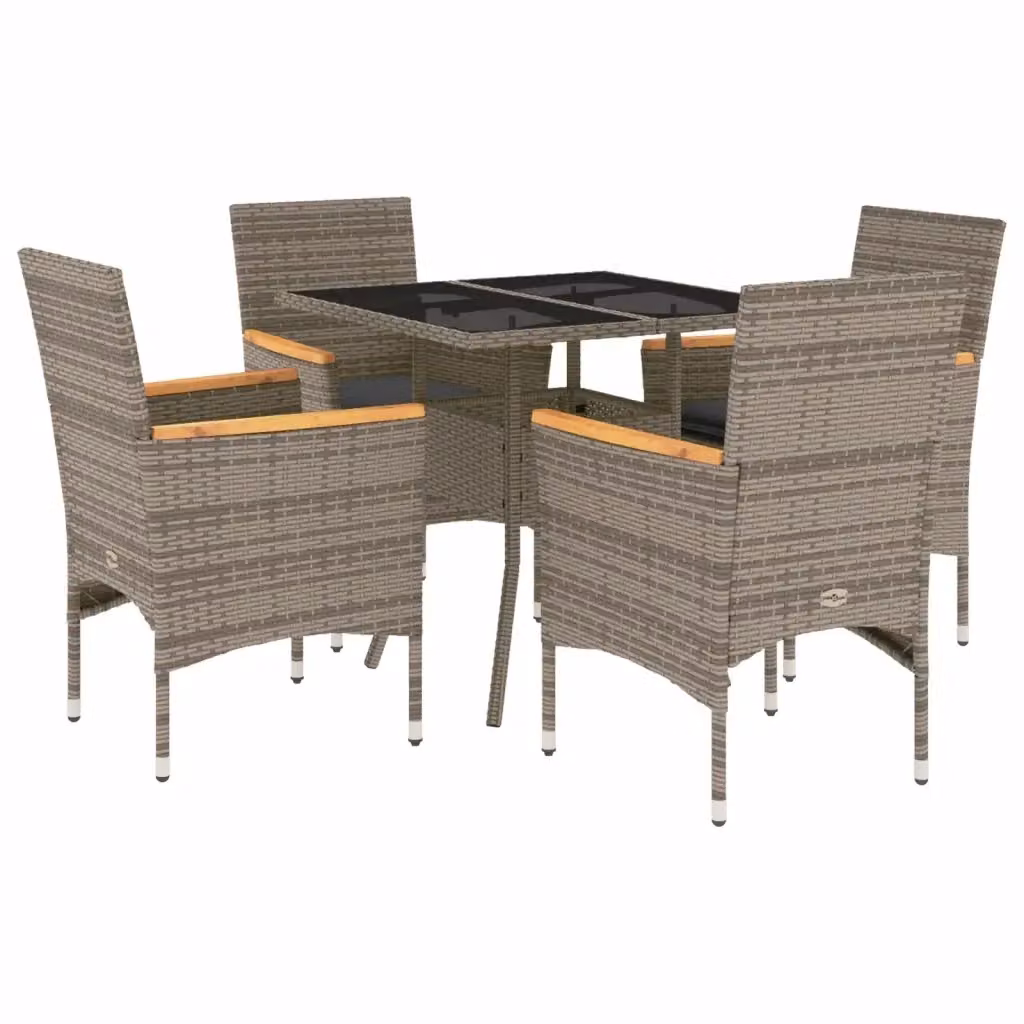 Set da Pranzo da Giardino vidaXL 5 pz in Polyrattan e Legno di Acacia con Vetro e Cuscini Grigio – 2