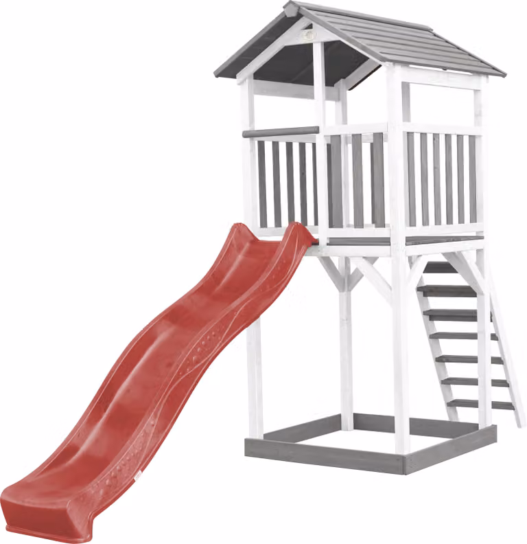 AXI Beach Tower parco giochi in legno in grigio e bianco | Torre di gioco per bambini con sabbiera e scivolo rosso | Casa per bambini su palafitte per il giardino