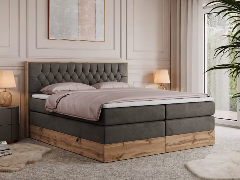 Letto continentale Boxspring AMORE KING con contenitore - 180x200 cm - Materasso H4 - Grigio Velluto - Topper T25