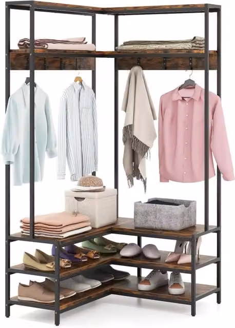 Stand Appendiabiti Angolare, Appendiabiti a Forma L con Ripiani Aperti 7 Ganci e Panca per Scarpe, Struttura in Metallo e Piedini Regolabili, 90x90x178 cm (Marrone industriale)