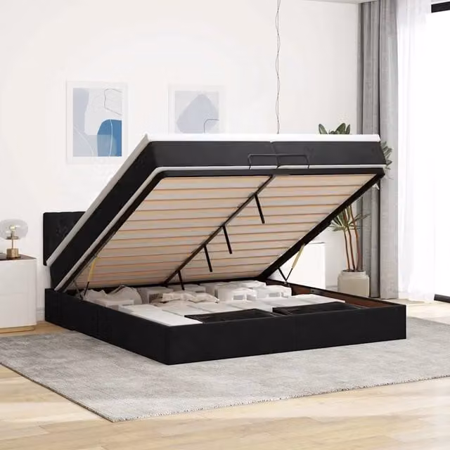 Struttura Letto Pouf con Materasso Nero 200x200 cm in Velluto 3311869