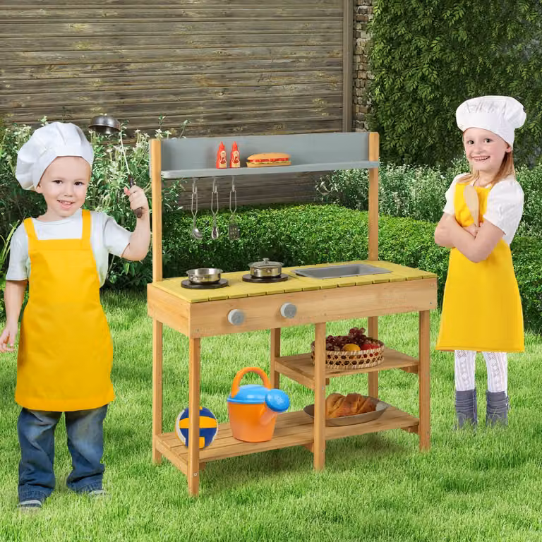 Set da cucina giocattolo da esterno Costway in legno con 2 fornelli, lavello rimovibile e 3 ganci appendibili, colore naturale e multicolore