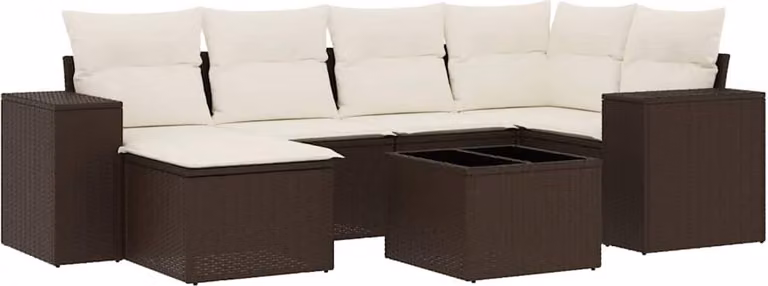 Set Divani da Giardino 7 pz con Cuscini Marrone in Polyrattan
