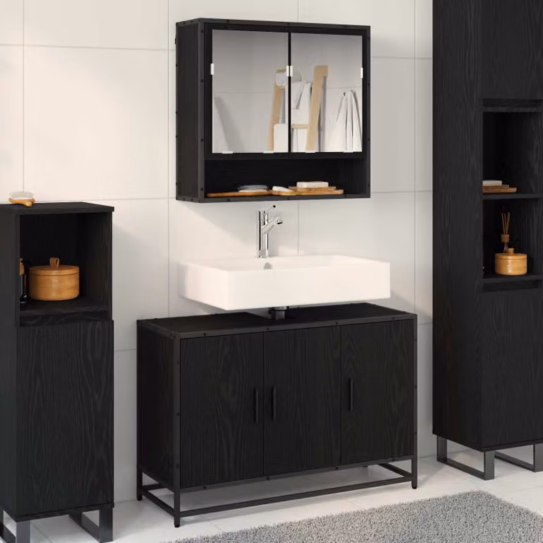 Set di mobili per il bagno vidaXL composto da mobile sottolavabo e pensile con specchio, colore nero opaco, L 90 x P 33 x H 60 cm