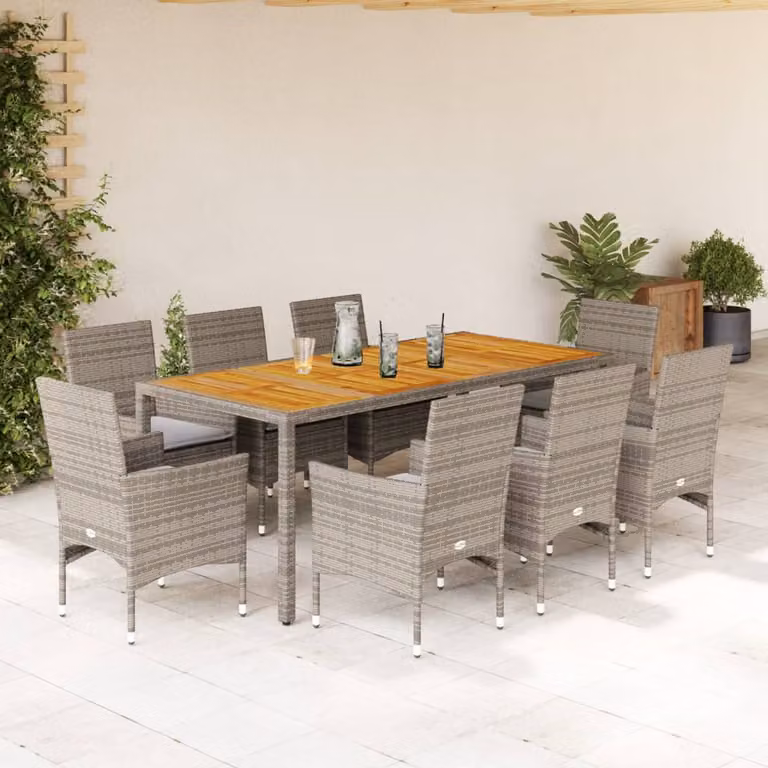 Set da pranzo da giardino vidaXL in polyrattan e legno di acacia grigio con 9 pezzi e cuscini