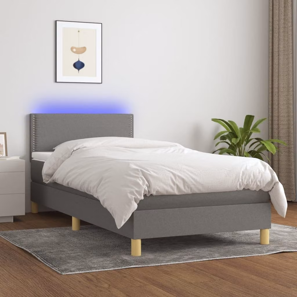 The Living Store Letto a molle con materasso e LED in tessuto grigio scuro 100x200 cm