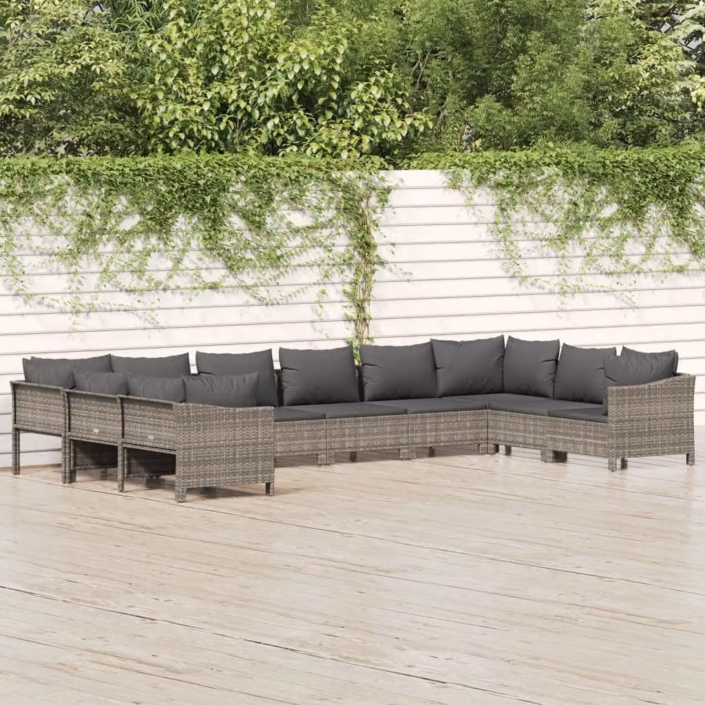 The Living Store Set da giardino da 10 pezzi con cuscini in poly rattan grigio