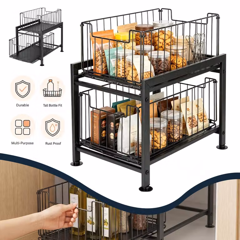Ripiano estraibile per l'organizzazione della cucina - Organizer per la cucina - Due livelli - Acciaio al carbonio - Guide scorrevoli fluide - Barre di supporto - Versatile e multifunzionale