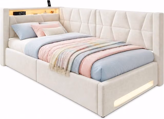 Letto contenitore singolo moderno in tessuto beige con illuminazione LED e porte di ricarica USB e Type-C, rete sollevabile, L/P/H: 90 x 200 x 38 cm