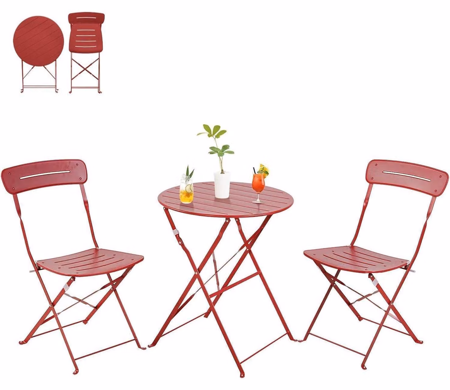 Tavolino da bistrot con 2 sedie, set da balcone composto da 3 elementi, resistente agli agenti atmosferici, pieghevole, struttura in acciaio, colore blu/rosso
