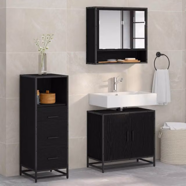Set di mobili per il bagno 3 pz Rovere Nero 65 x 33 x 60 cm 3402446