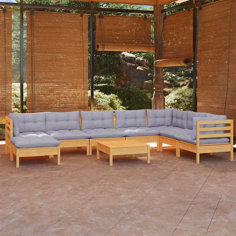 vidaXL Set Divani da Giardino 9 pz in Legno di Pino con Cuscini Grigi Moderni a Forma di L