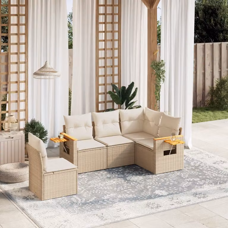 vidaXL Set Divano da Giardino a L 5 pz in Polyrattan con Cuscini Beige e Tavolino da Esterno