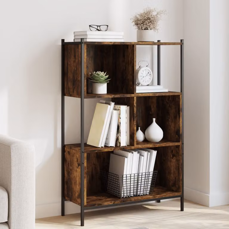 Libreria vidaXL in stile industriale in legno e metallo, colore rovere fumo, L 72 cm x P 28 cm x H 109 cm
