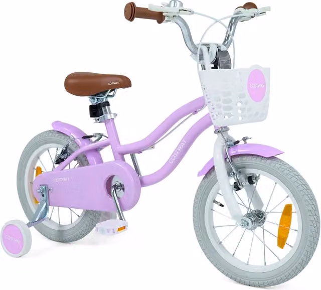 Bicicletta per bambini con telaio in metallo, cestino e stabilizzatori, Viola 14 Pollici