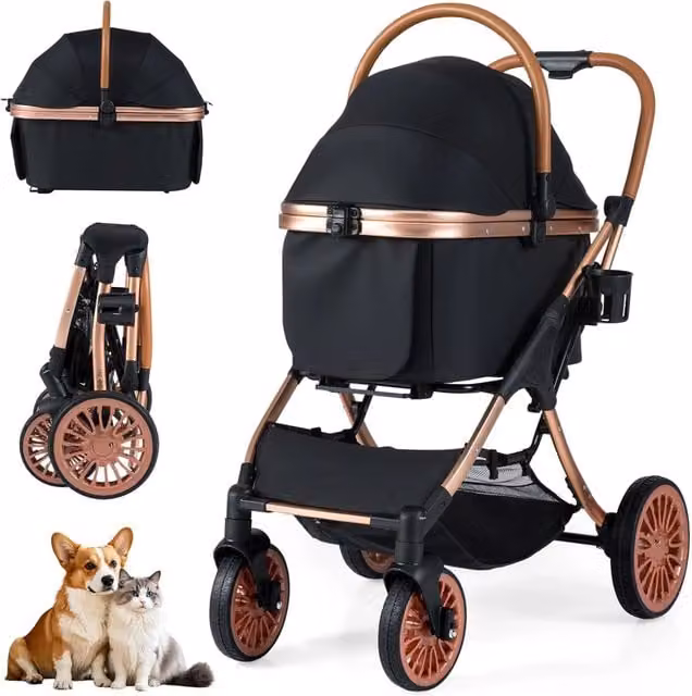 Passeggino Pieghevole per Cani 3 in 1 con Portapacchi Rimovibile Carrozzino per Animali con Tettuccio, Cuscino Rimovibile, Cintura di Sicurezza, Cestino e Portabicchiere, Portata 25 kg