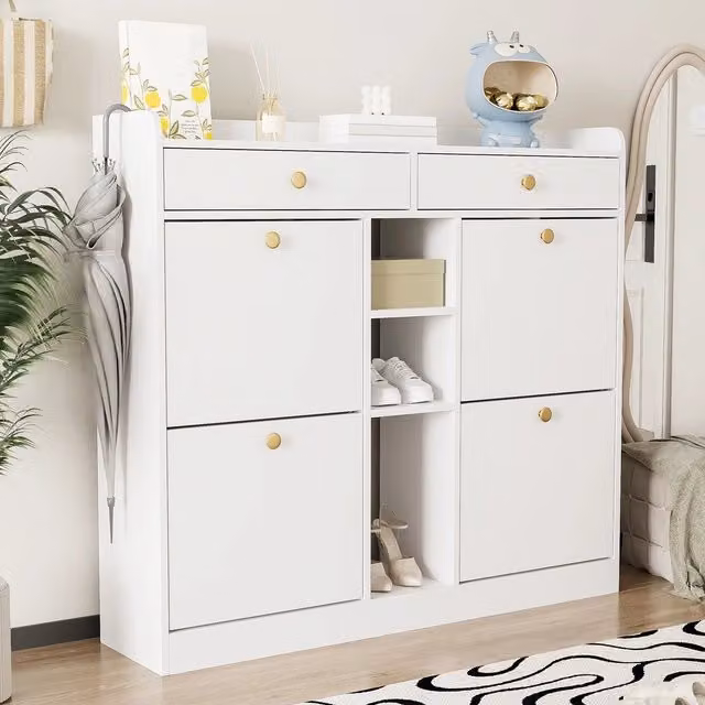 Scarpiera con 4 Ante Ribaltabili, 2 Cassetti e 3 Ripiani ¨C MINIMAL ¨C Bianco, 110x26x100 cm