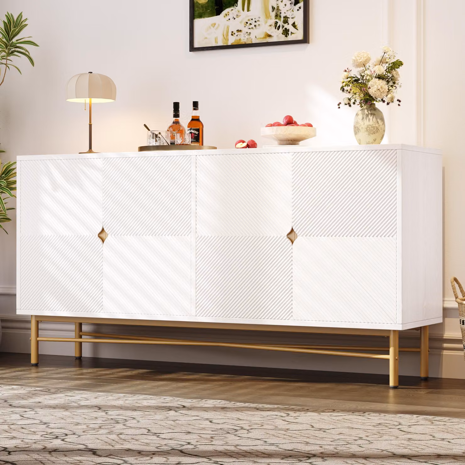 Cassettiera Merax 160 cm, credenza a 4 ante, gamba dorata, ripiani regolabili, credenza per soggiorno e sala da pranzo, bianco