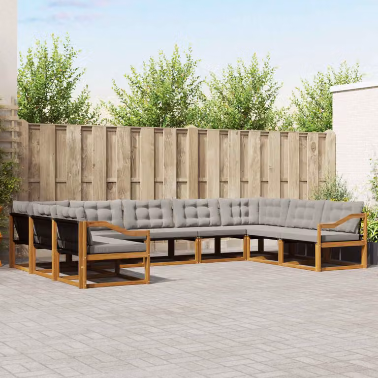 Set di divani da esterno vidaXL a forma di U composto da 9 pezzi in legno di acacia e tessuto textilene, colore grigio