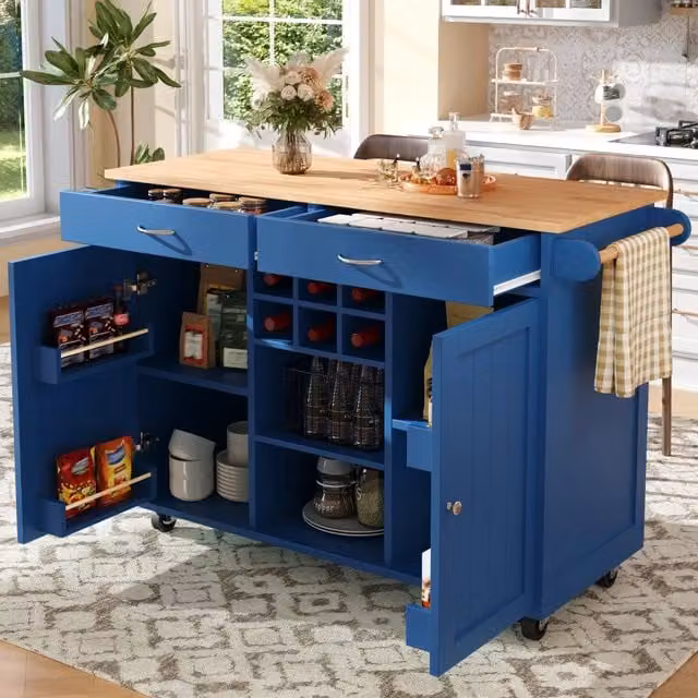 Isola da cucina moderna WISHDOR in MDF e metallo blu con ruote e ripiani regolabili L/P/H: 102 x 45 x 92 cm – 1