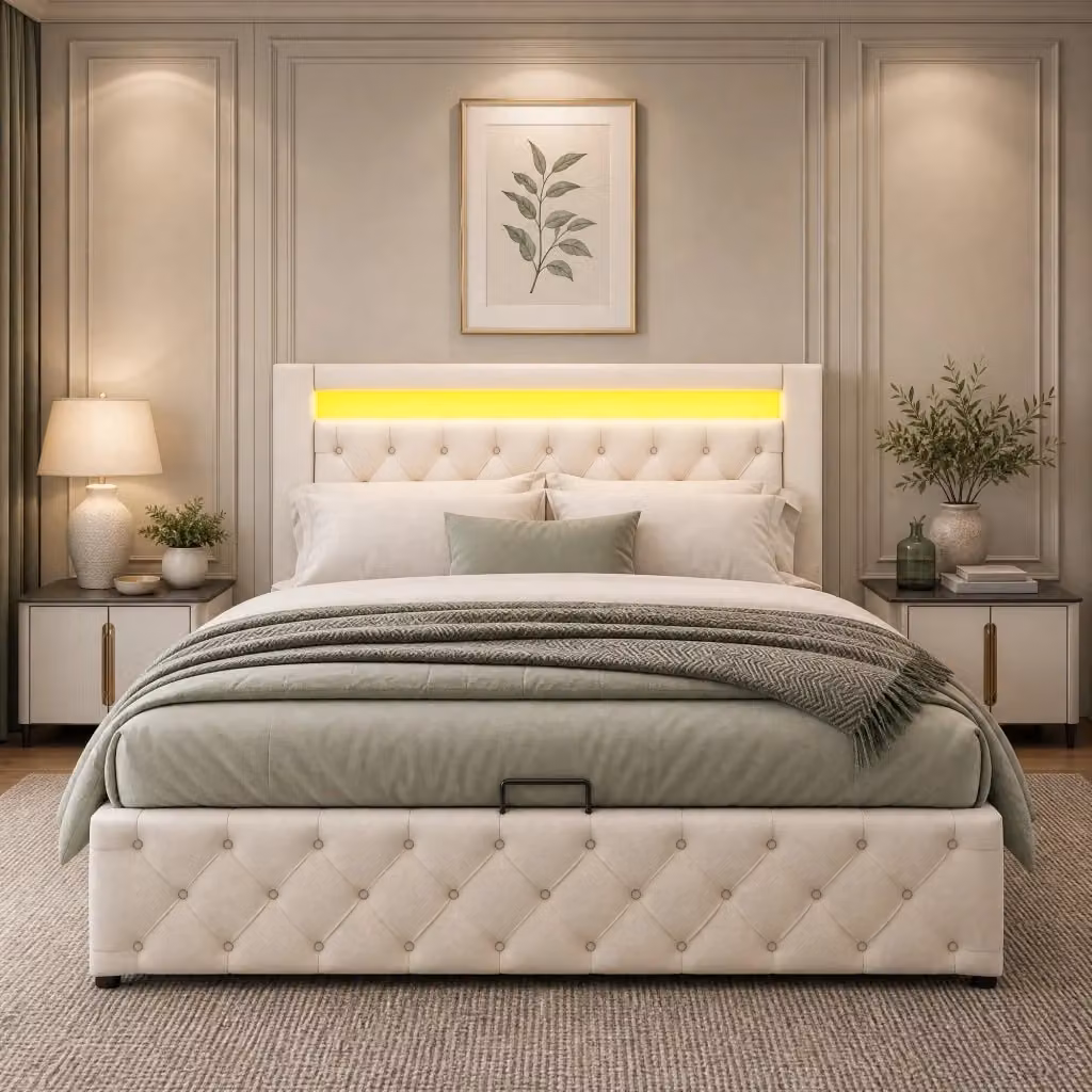 Letto Contenitore REDOM Imbottito in Ecopelle Bianco con Illuminazione LED L/P/H: 140 x 200 x 42 cm – 2