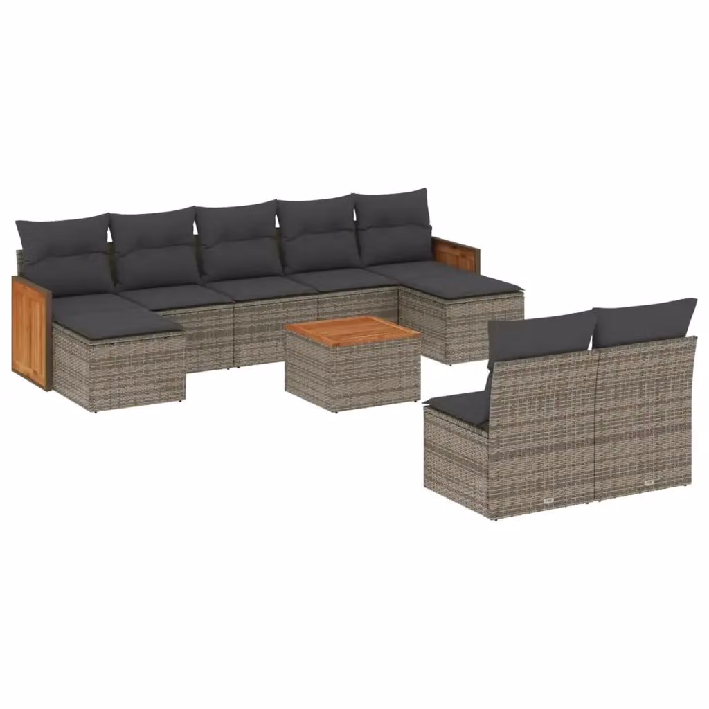 vidaXL Set Divano da Giardino 10 pz a Forma a U in Polyrattan Grigio con Cuscini e Tavolino da Caffè – 2
