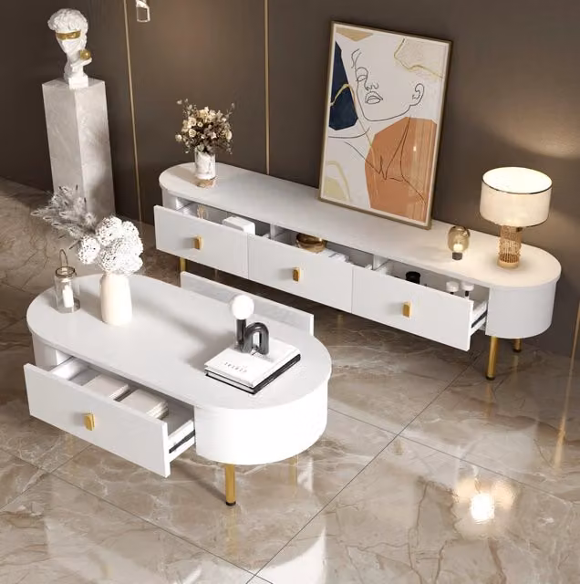 Set tavolino da caffè e mobile TV con cassetti in MDF bianco e oro