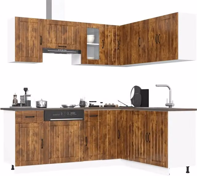 Set di mobili da cucina vidaXL in legno e vetro marrone stile rustico con ante a battente e scaffali aperti