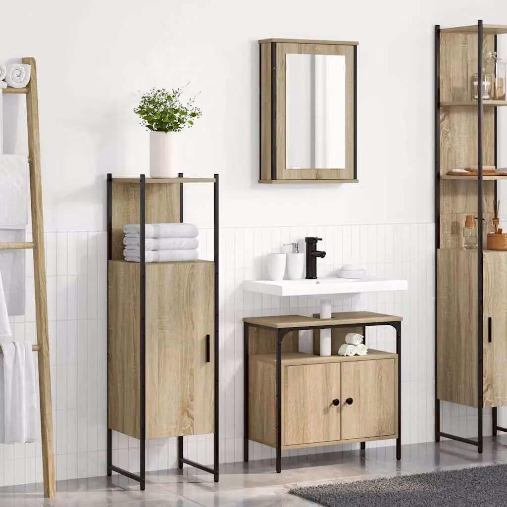 Set di mobili per il bagno vidaXL composto da 3 pezzi in marrone e nero, con armadietto a specchio, mobile sottolavabo e colonna alta, L/P/H: 33 x 33 x 120,5 cm – 1