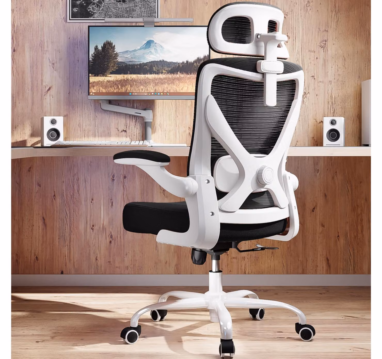 Sedia da ufficio ergonomica, bianco e nero - Supporto lombare regolabile, poggiatesta, capacità di carico di 150 kg