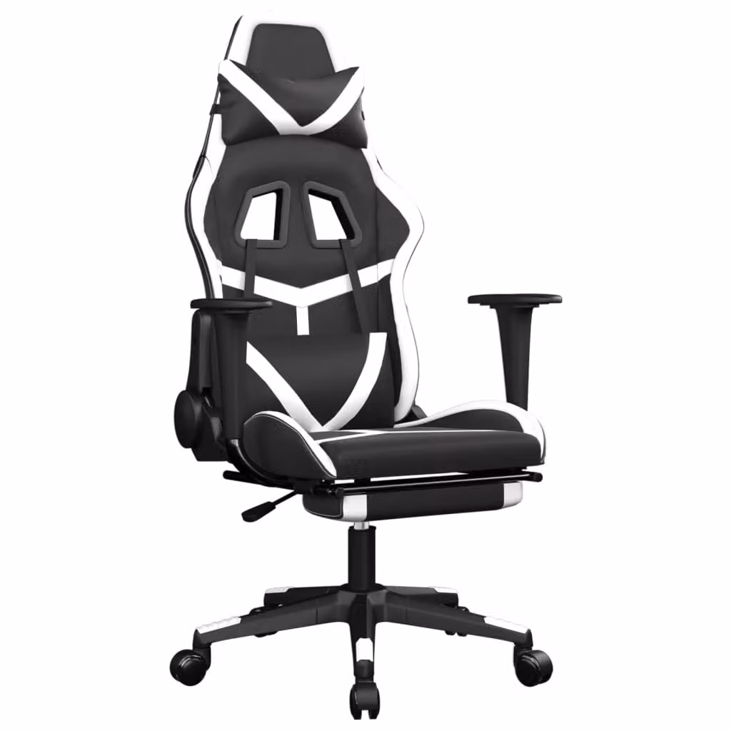 Sedia da Gaming con Poggiapiedi Nero e Bianco in Pelle finta