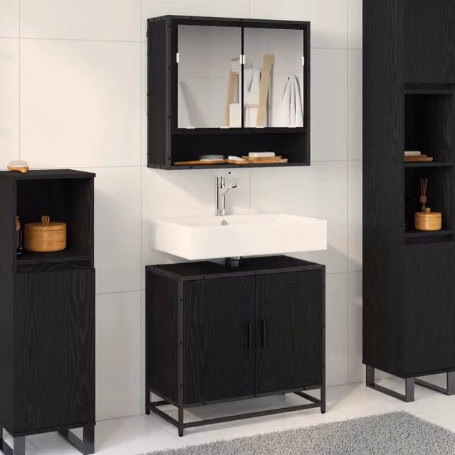Set di mobili da bagno moderno vidaXL composto da mobile lavabo e armadietto con specchio nero L/P/H: 65 x 33 x 60 cm